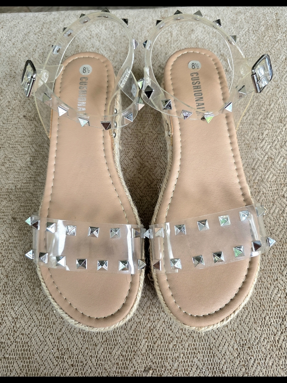 New Cushionaire Clear Studded Ankle-Strap Espardille Sandals Sz 8.5